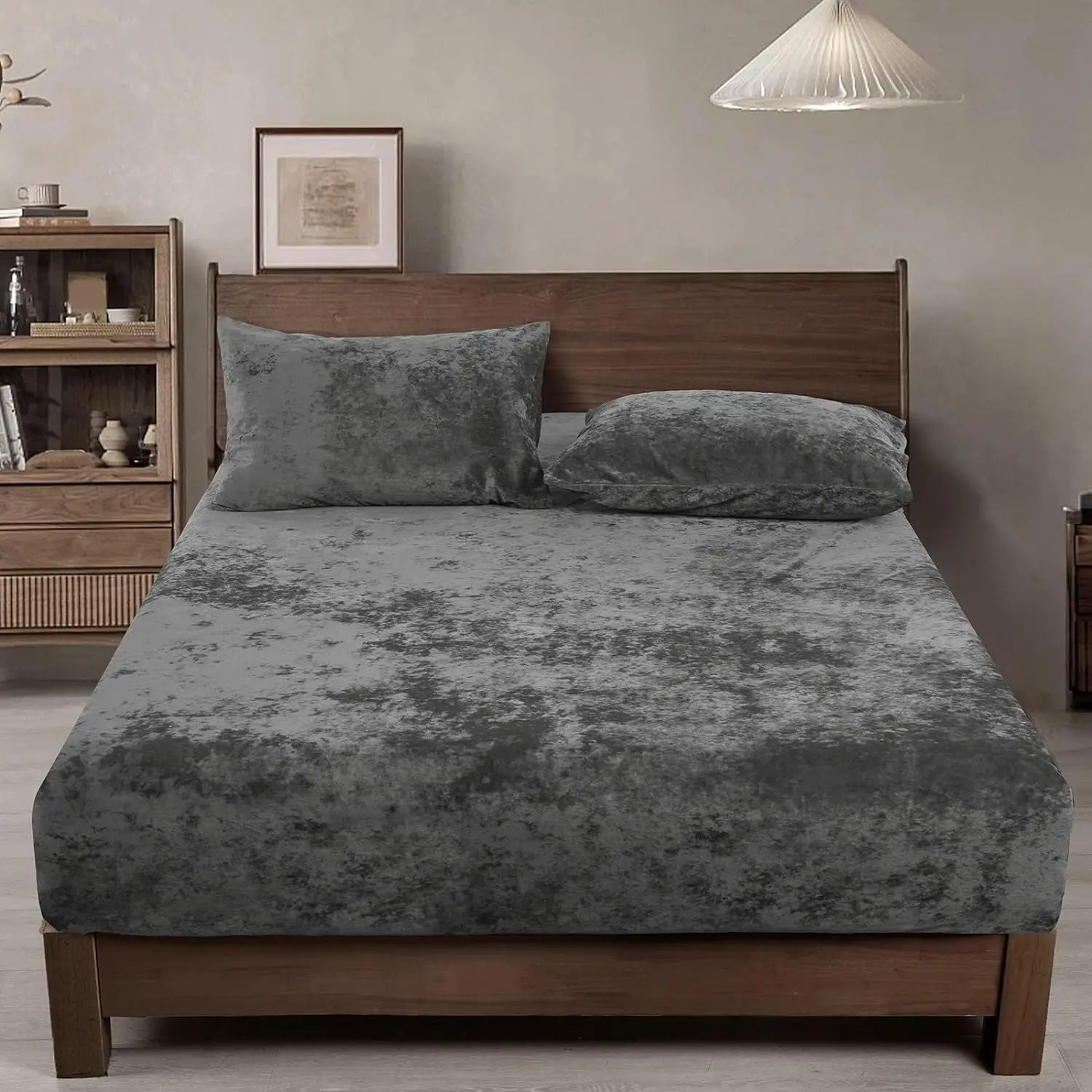 Queen Size Pure Velvet Sheet Only - 15" Deep Pocket Super Bottom, Luxurious Look, Light and Shadow Effect, Soft Skin-Friendly Durable, Machine Wash Safe, Gentle Cycle Safe, Do Not Bleach, Fall Winter Suitable, No Pillowcases, Charcoal/Dark Grey, Solid