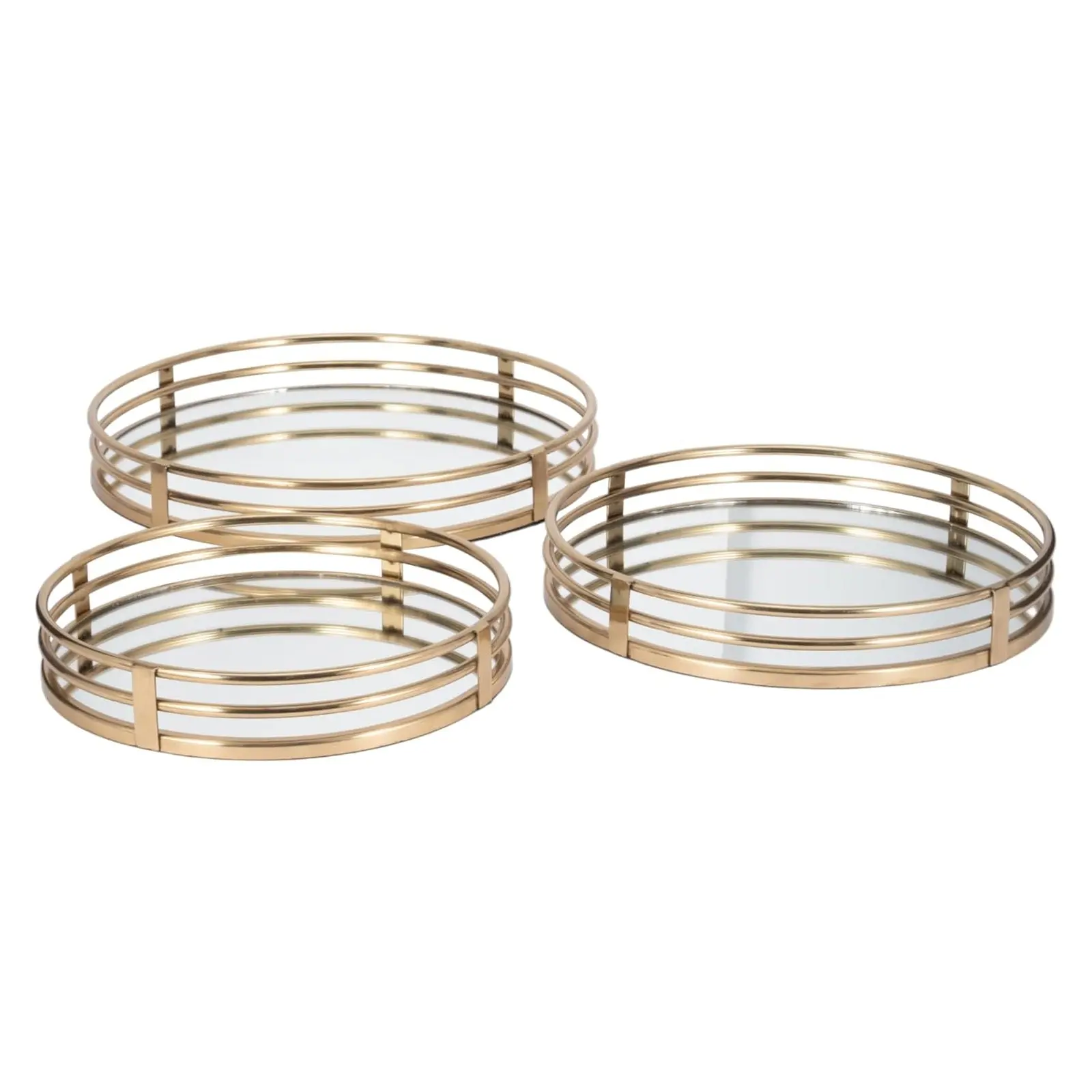 Set of 3 Round Mirrored Trays, Gold Metal Frame Decorative Serving & Vanity Trays, 14" 16" 18", Glam Home Decor