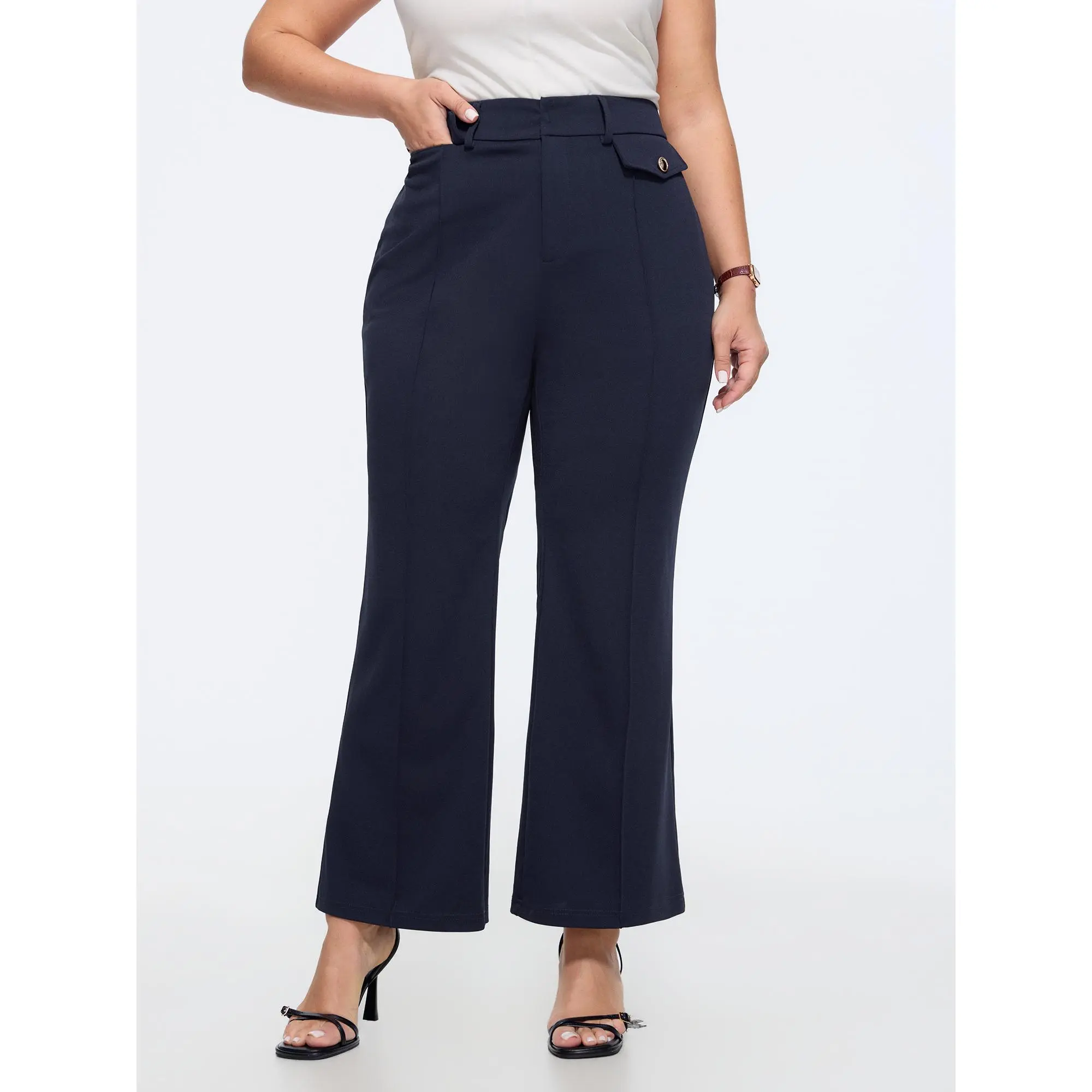 BloomChic Women's Plus Size Solid Spandex Blend Flared Pants, Mid Rise Pull-On Office Style with Hidden Pocket, Fit, Garment, None, Multi-Size, Regular Length, Mid Rise Waist, Bottom, Fitted, Basic, Fabric, Lady, Trouser, Business Casual Pants, Stretchy P