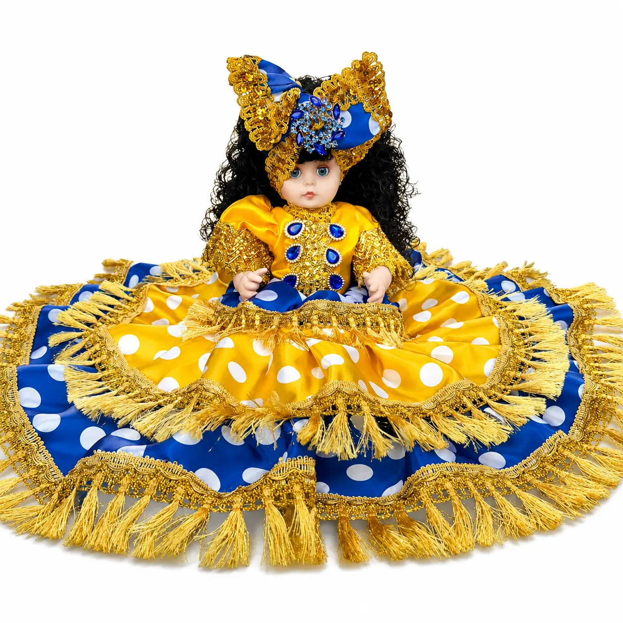 Yellow and Blue Gitana Muneca Spiritual – Yoruba Altar Decor with Gold Fringe Dress and Decorative Headpiece