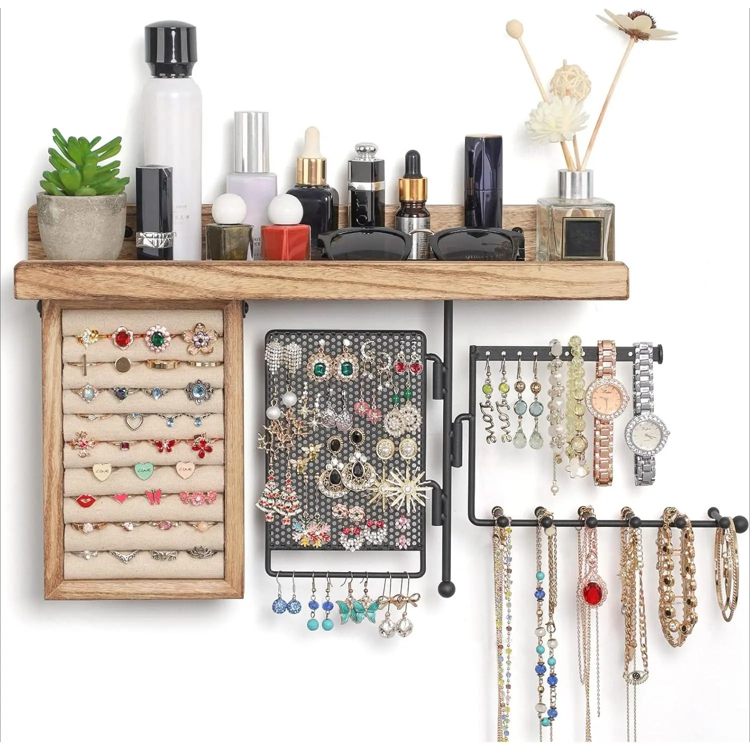 F-SBB68 Wall-Mount Rustic Wood Vanity Shelf Jewelry Organizer - Hanging Earring Holder, Rotating Necklace Holder, Ring Display Box, Cosmetics Storage, Dressing Table Storage, Home Decor Accessory, Gift, Jewelry Storage Box
