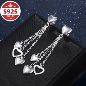 S925 Sterling Silver Tassel Heart Pendant Earrings, Elegant Long Chain Pendant Style, Luxury Fashion Lady, Everyday Casual, Gift For Friends, Christmas Gift