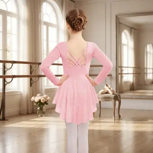 Girl's Ballet Leotard Dress with Skirt - Long Sleeve Crisscross Back Dance Outfit Sparkly Shiny Tutu Costume for Ballet Class Performance Recital Party Girls Dancewear