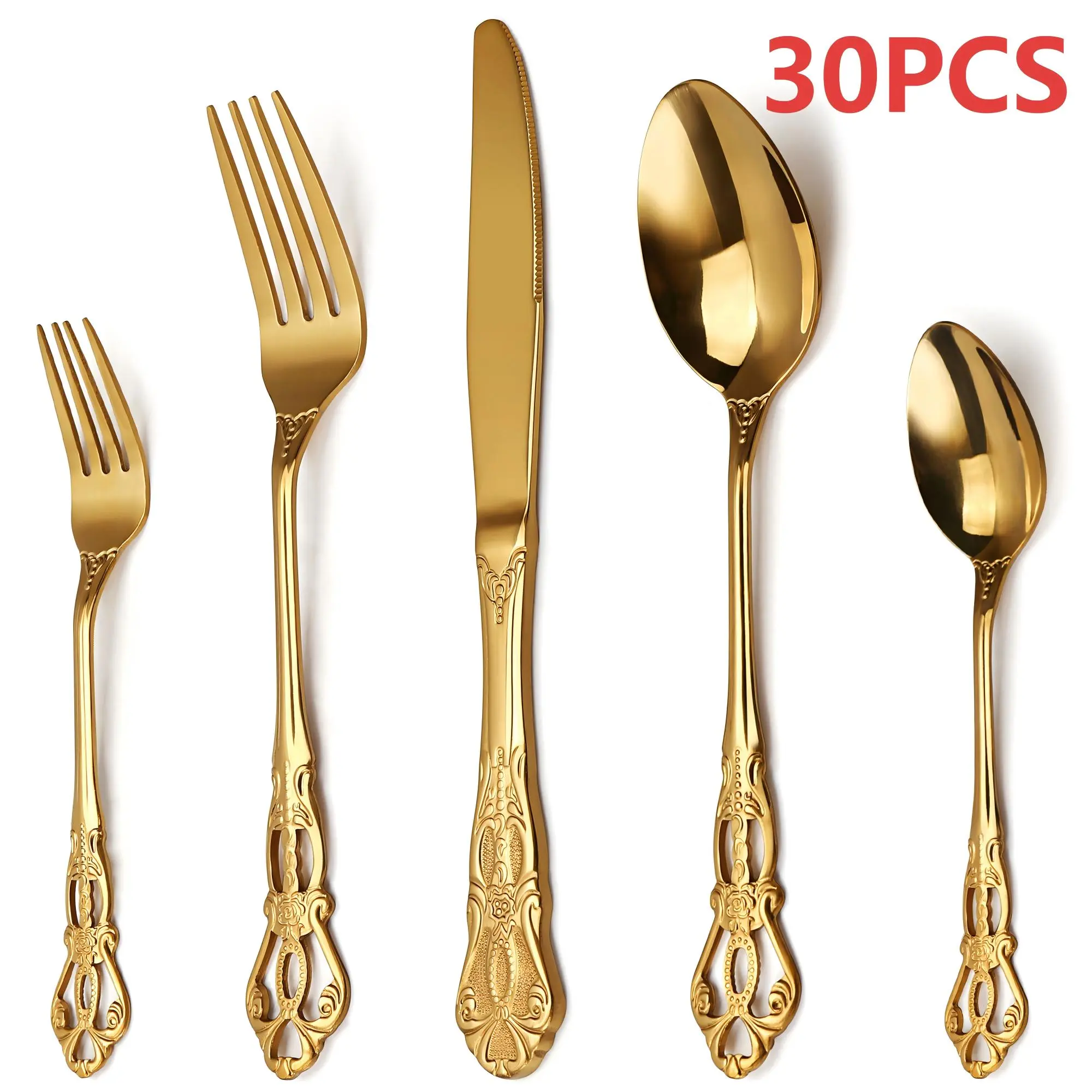 30 Piece Vintage Gold Silverware Set, Stainless Steel Royal Flatware Cutlery Set With a Unique Hollow Pattern Design，Include Fork Knife Spoon Set, Mirror Polished, Dishwasher Safe, Cutlery Set for Home Kitchen Restaurant