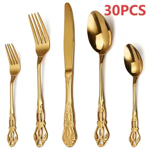 30 Piece Vintage Gold Silverware Set, Stainless Steel Royal Flatware Cutlery Set With a Unique Hollow Pattern Design，Include Fork Knife Spoon Set, Mirror Polished, Dishwasher Safe, Cutlery Set for Home Kitchen Restaurant