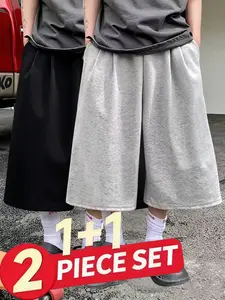 Two-Piece Wide-Leg Casual Capri Pants, Street Style Loose Fit Soft Fabric, Trendy Fashion Youth Daily Wear, Skateboarding & Leisure