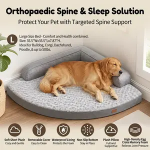 Corner Dog Bed, Orthopedic Memory Foam Dog Beds with Removable Washable Cover, Waterproof Pet Beds with Non-Slip Bottom, Grey