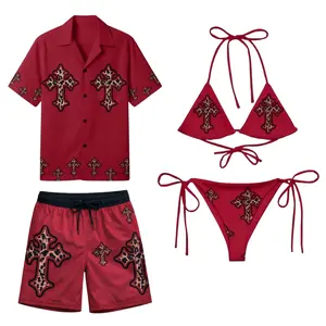Red Cross Couple Swimwear Set, Leopard Print Matching Bikini & Trunks, Cute Couple Gift Idea