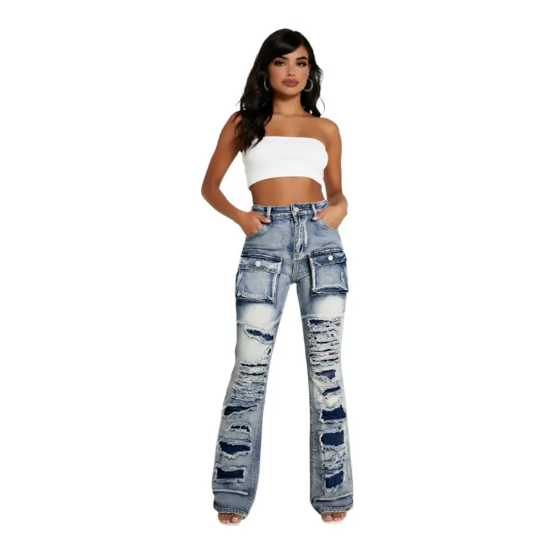 Distressed Stack Jeans with 3% Spandex - Women's Fashionable Ripped Denim Pants for Comfort and Style