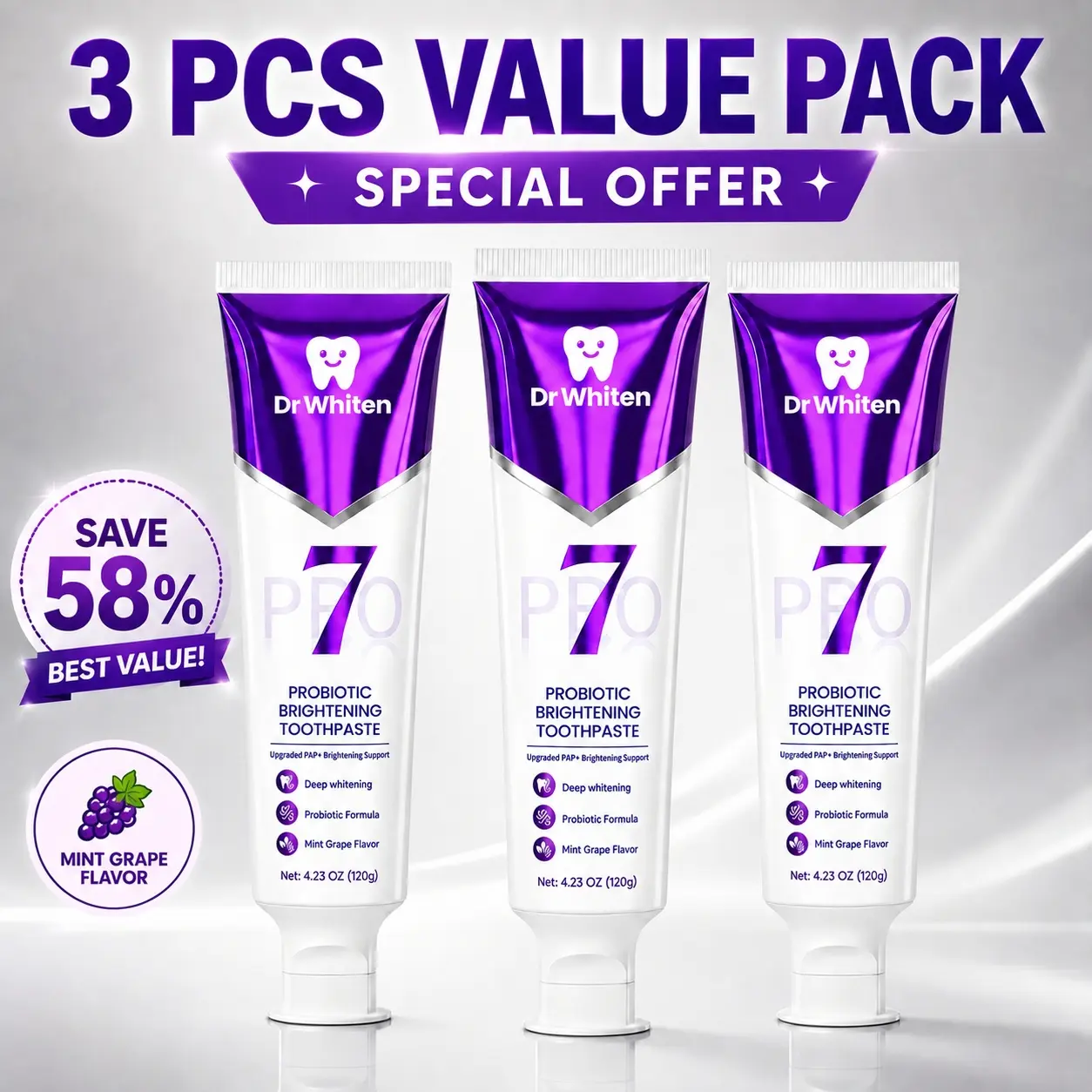 【3PC Value Pack】New 7-Pro Probiotic Purple Toothpaste | Fresh Breath & Color-Correcting Formula | Helps Balance Yellow Tones | Fluoride-Free | Mint Grape Flavor | 4.23 oz