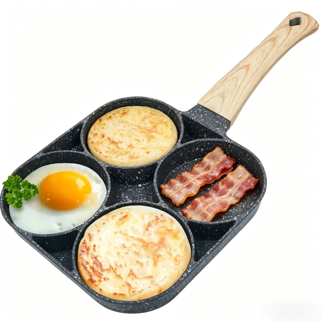 4-Hole Nonstick Stainless Steel Egg Pan - Aluminum Alloy Cookware with Wooden Handle, Medical-Grade Stone Coating, Oil-Saving Quick-Cooking Easy-Clean Multifunctional Frying Pan for Breakfast Eggs, Burgers comal para tortillas pan