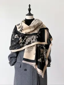 Butterfly & Floral Print Tassel Decor Scarf, Floral Pattern Shawl, Casual Soft Warm Shawl for Fall & Winter, Fashion Accessories for Women & Men Scarf for Women, Scarf for Winter, Mother's Day Gift, Boho Style Shawl, Blanket Scarf