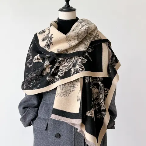 Butterfly & Floral Print Tassel Decor Scarf, Casual Fashionable Scarf, Soft Warm Shawl for Fall & Winter, Mother's Day Gift, Boho Style Shawl, Blanket Scarf