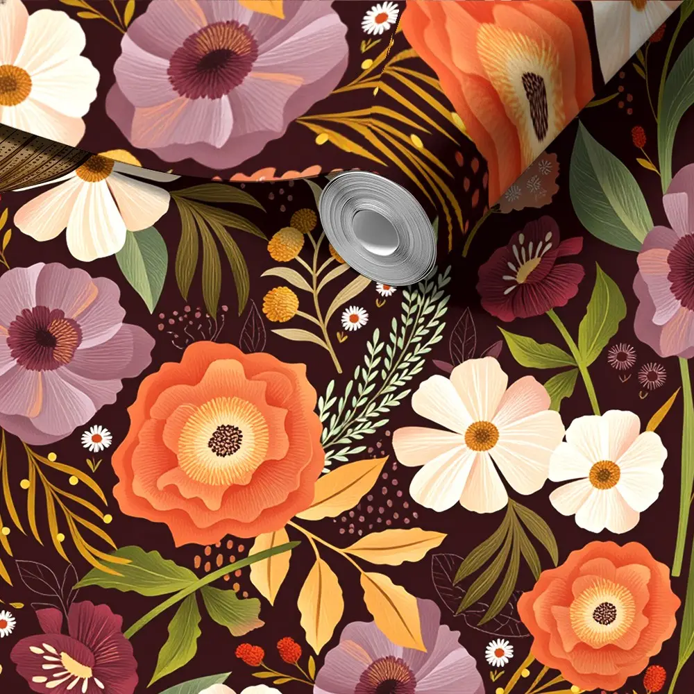 Deep Burgundy Floral Peel And Stick Wallpaper, Self-Adhesive Removable, Mould-Proof, Moody Boho Flower Print, Dark Cottagecore Decor, Vintage Botanical Style