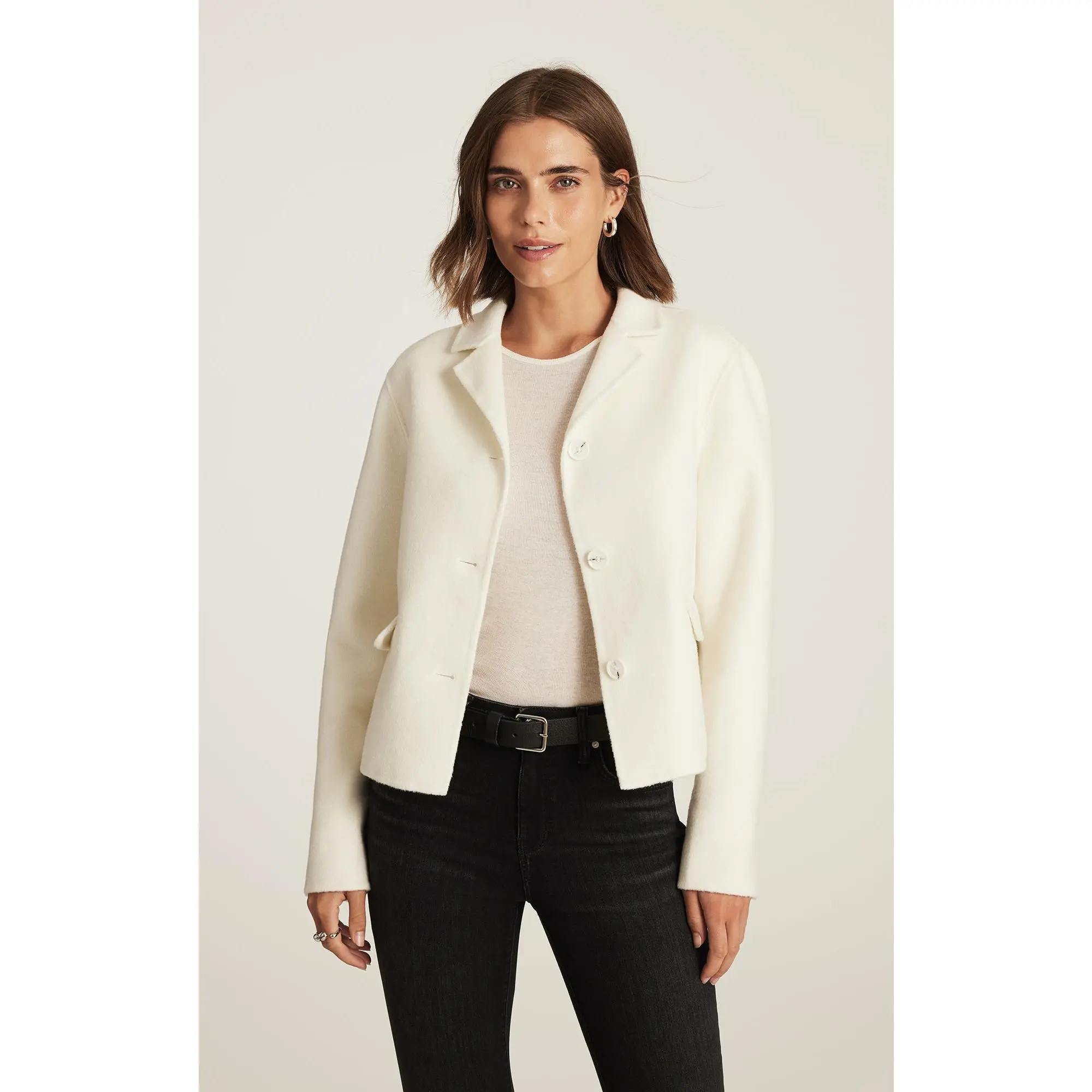 Structured Boxy Jacket for Women in Coconut Milk, Wool Blend Button-Up Overshirt with Loose Fit and Bold Collar, S