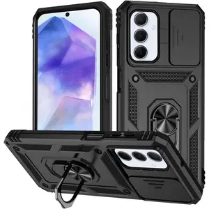 Military-Grade Shockproof Protection Cellphone Case Protector Slide Camera Cover Ring Stand for Samsung A35/A55 Black & Blue