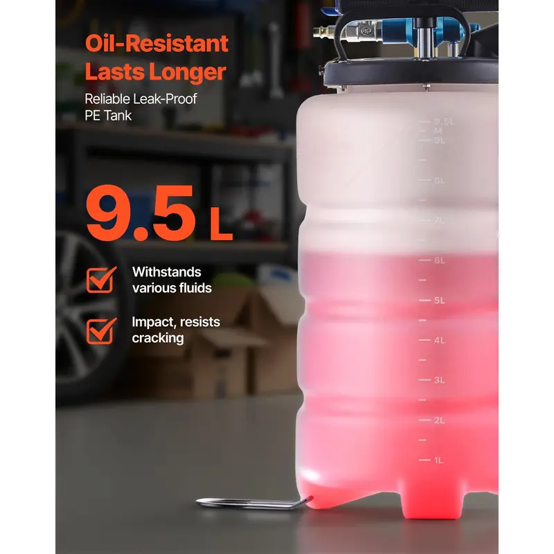 VEVOR 9.5L Manual/Pneumatic Vacuum Oil Extractor Pump, 59in Long Horse Brake-Fluid Hose, 3x47in Ext Tubes, Durable PE Tank, Airtight No-Drip Seal for Oil Change, Cars, Lawn Equipment