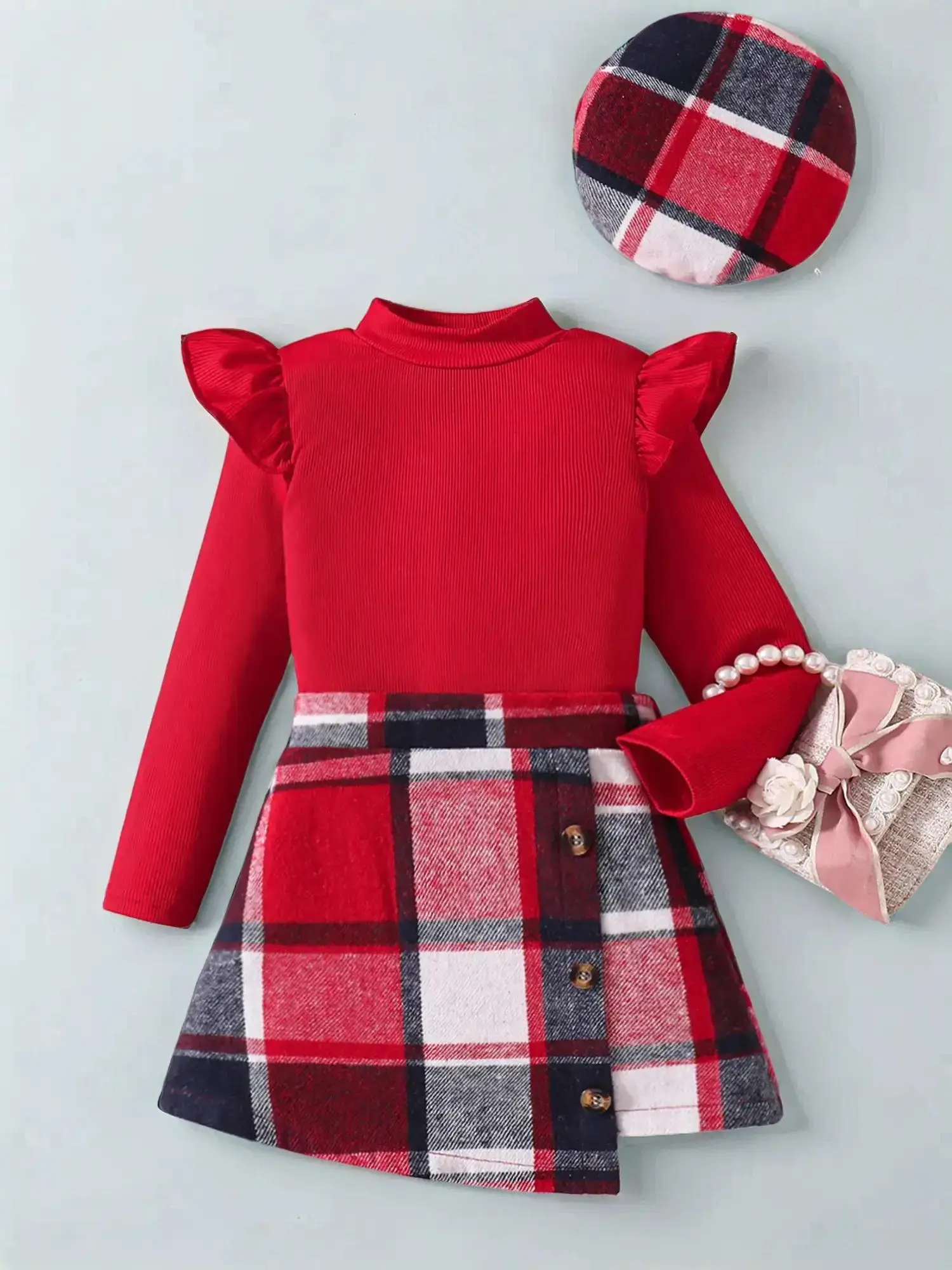 Elegant Girls' 3-Piece Set, High Neck Top, Asymmetrical Plaid Skirt & Hat, Perfect for Autumn Winter, Youthful Fashion