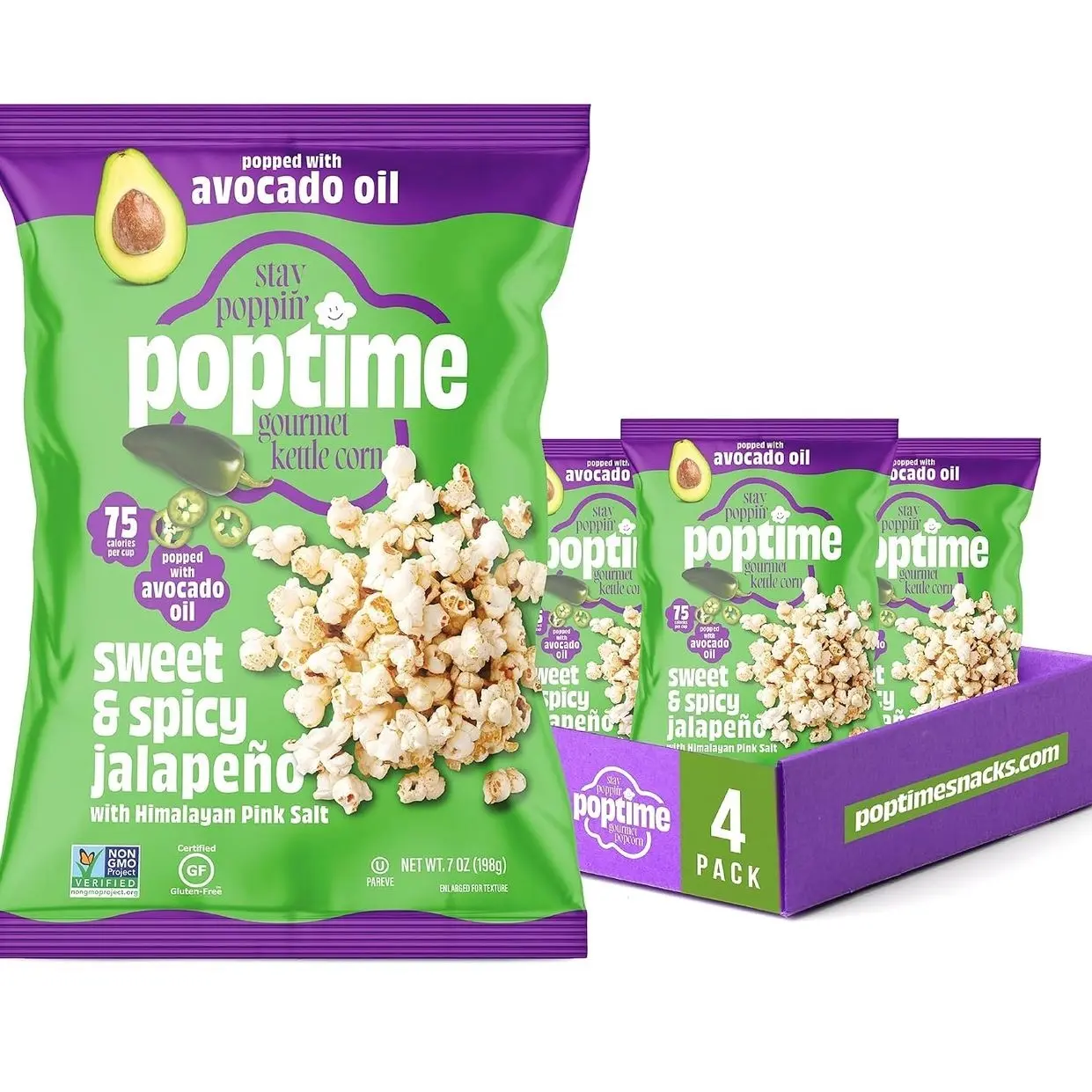 Poptime Popcorn Snack Bags – Sweet & Spicy Jalapeno & Himalayan Pink Salt Kettle Corn Popcorn Bags, Healthy Snack With Avocado Oil, Gluten Free, Vegan, Low Calorie, Non-GMO, Kosher - 7 oz - Pack 4