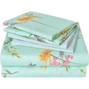 Green Floral Sheet Set Queen Size, 6 Piece Soft Botanical Printed Microfiber Bed Sheets Extra Deep Pocket