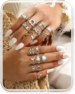 LOLIAS 16Pcs Stackable Stainless Steel Rings for Women Chunky Silver Rings Non Tarnish Ring Open Adjustable Thumb Finger Statement Ring Set