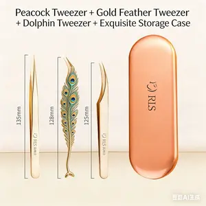 Gold Viral RLS Precision False Eyelash Tweezers Set (3-Piece) | Lash Extension Tool with Travel Case