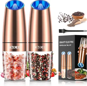 Gravity Automatic Electric Pepper and Salt Grinder, Auto Salt or Pepper Mill Shaker Stainless Steel,Adjustable Coarseness,Blue LED Light,One Hand Operated, Copper Kitchen Seasoning