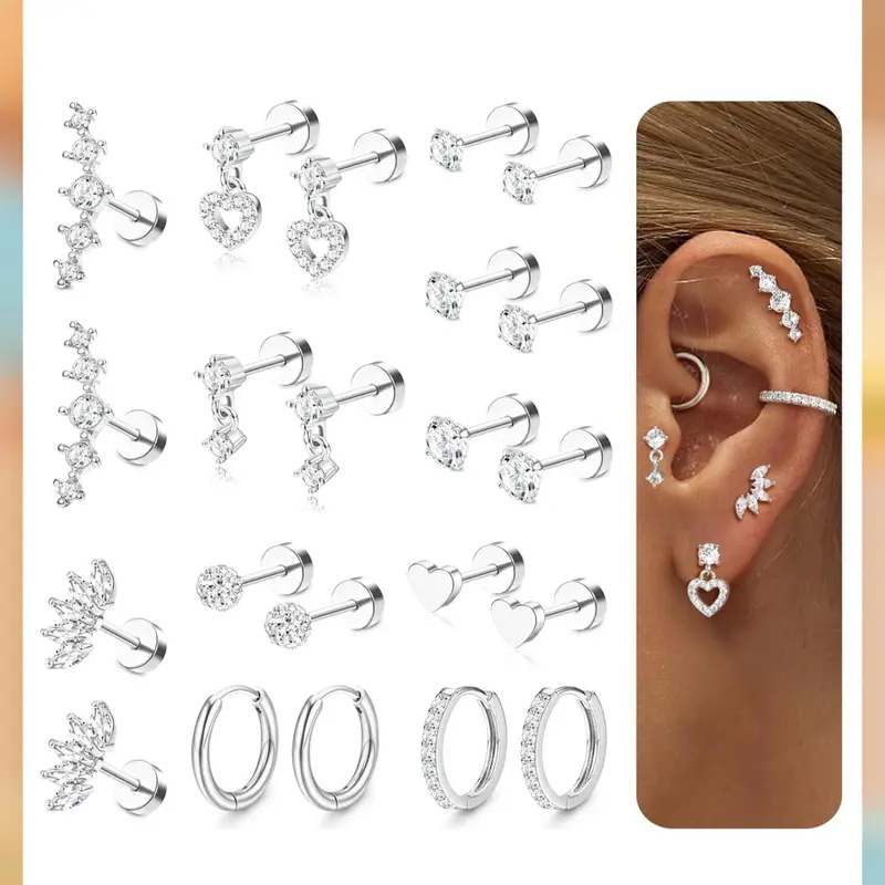 LOLIAS Hypoallergenic Surgical Steel Flatback Earrings for Women, 20G Dainty Stud Huggie Set, Conch Style Earrings for Cartilage Daith Tragus Helix Piercings