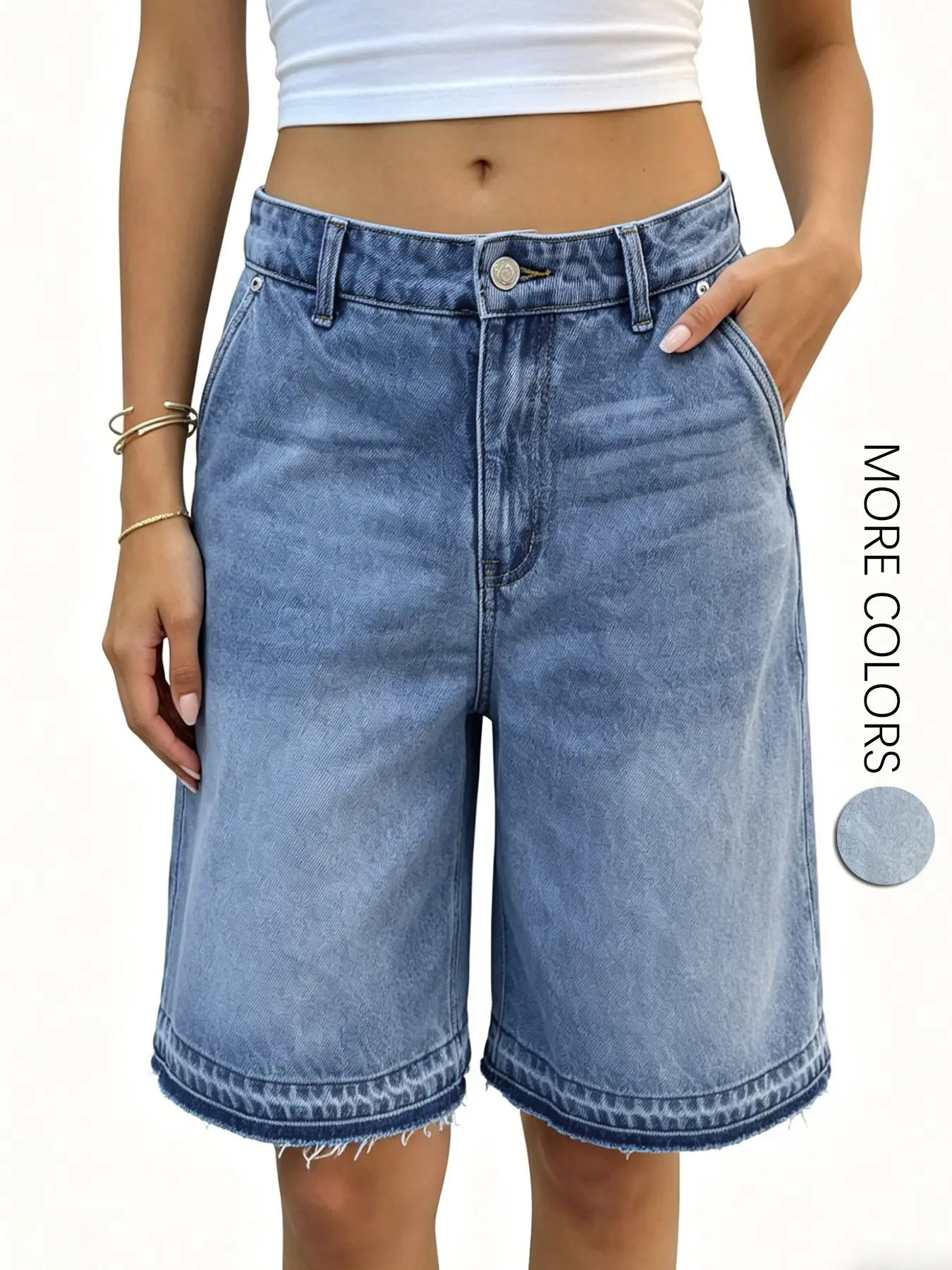 Women's Loose Fit Bermuda Denim Jean Button Fly Shorts, High Waist Wide Leg Pocket Frayed Edge Button Jeans, Summer Casual Y2K Style