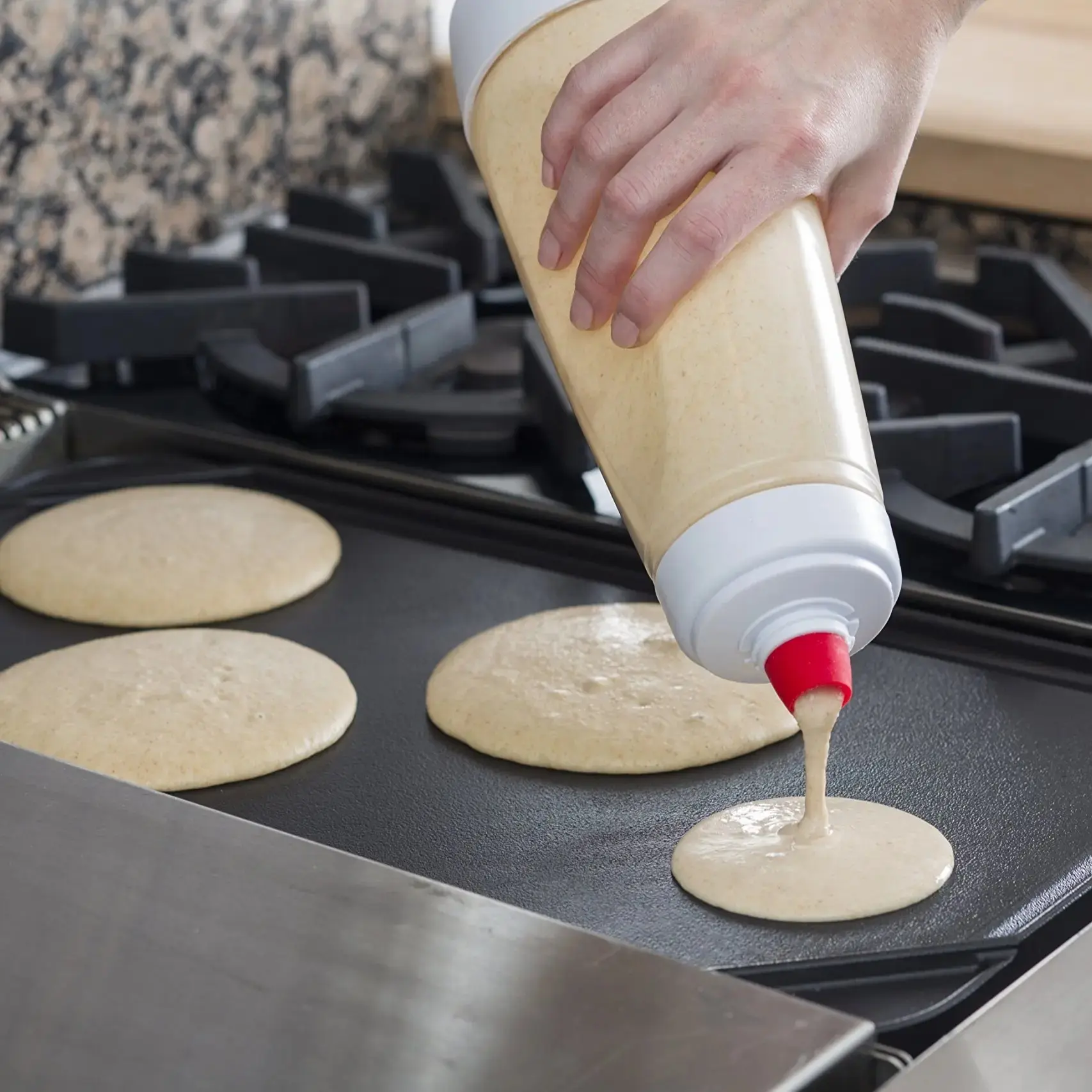 Handheld Batter Mixer & Dispenser Set – 4.5 Cup Squeeze Bottle with BlenderBall Wire Whisk & Spatula, Heat Resistant Silicone Easy Pour Batter Dispenser for Pancakes Cupcakes Muffins Waffles & Crepes – Kitchen Baking Utensils, Dishwasher Safe