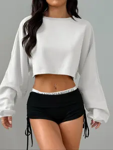 Womens Cropped Sweatshirt Long Sleeve Crew Neck Oversized Drop Shoulder Pullover Top White Casual Loose Fit Soft Comfy Lounge Basic Layering Streetwear Y2K Fall Winter Outfit Teen Girls Womenswear