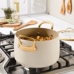 8 Quart Stock Pot with Lid - PFAS-Free Ceramic Nonstick Aluminum - Almond Cream with Gold Handles