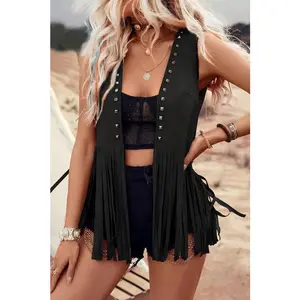 Studded Fringe Vest Black