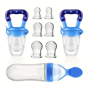 9pcs/Set, Baby Feeding Set, 1pc Silicone Squeeze Feeding Bottle With Spoon, 2pcs Fruit Feeder Pacifiers, 6pcs Mesh Pouches (2pcs S+2pcs M+2pcs L)