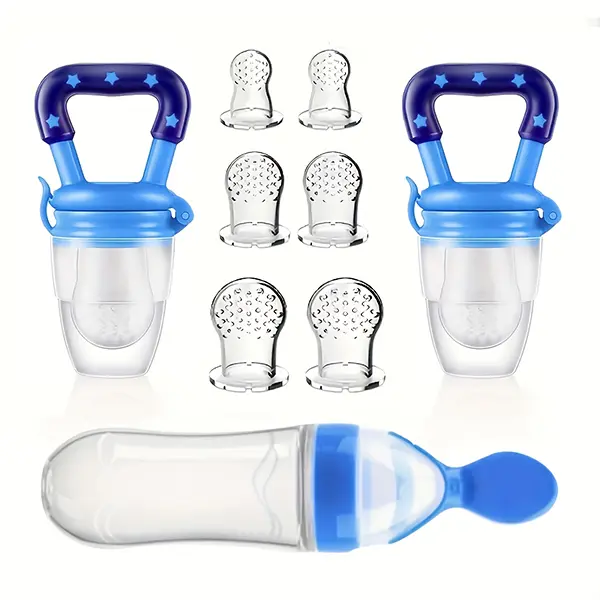 9pcs/Set, Baby Feeding Set, 1pc Silicone Squeeze Feeding Bottle With Spoon, 2pcs Fruit Feeder Pacifiers, 6pcs Mesh Pouches (2pcs S+2pcs M+2pcs L)