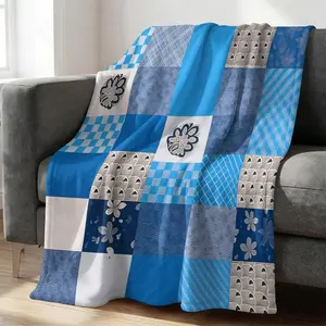 Blue Tone Patchwork Print Flannel Blanket, Blue and White Checkered Pattern, Warm Soft and Lightweight, Refreshing Sea Breeze Feeling Sofa Bed Decor Office Nap Throw Travel Camping Cover Blanket, Gift Choice
