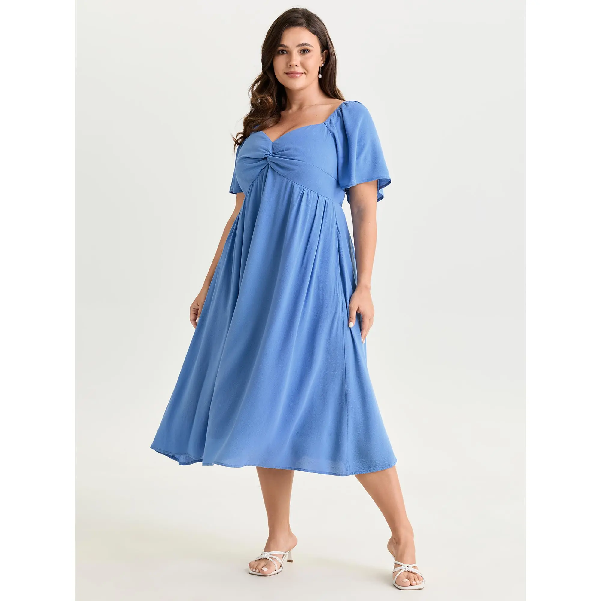 BLOOMCHIC Women's Plus Size Pull-On Bell-Sleeve Garment Dress - Rayon-Polyester Fabric, Ruched Bodice, Twisted Detail, Side Pocket, Smooth Stretchy Flowy, Flattering Fit [M-6X], Low Iron, Cold Wash, Do Not Tumble Dry