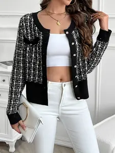 Women's Plaid Button Front Knit Cardigan Sweater, Long Sleeve Elegant Commuter Fall & Winter, Fashion Single Row Button Design