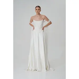Ivory Satin Wedding Set, Embroidery Corset With Lacing Back and Maxi Skirt, Removable Scarf-Sleeves
