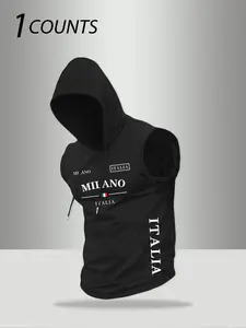 Men's Milan Italy Sleeveless Hooded Vest, Fitness Workout Vest, Yoga Sports Vest, Gym Training & Daily Wear, Italian Luxury Fitness Fashion, Casual Fitted Graphic Top