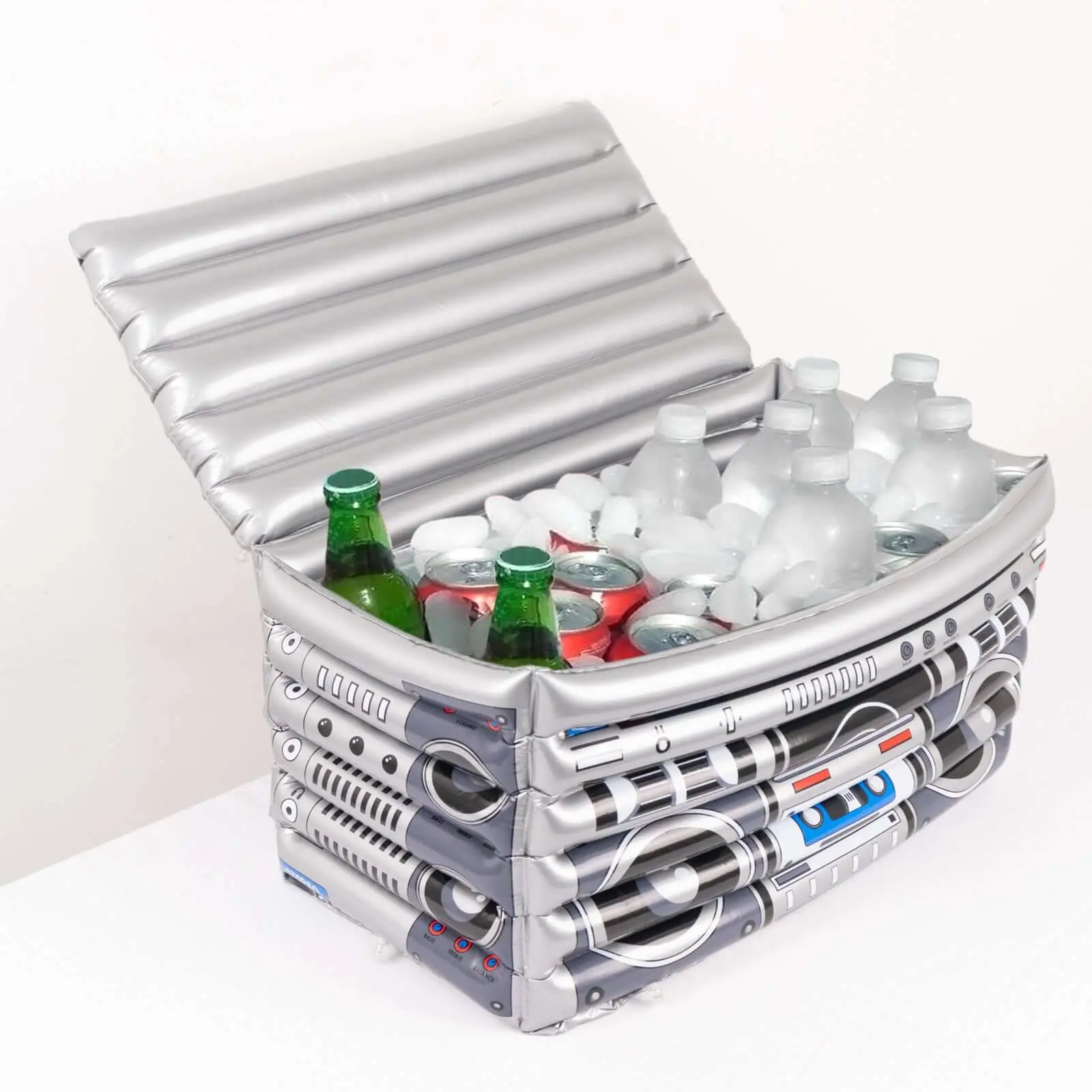 Silver Inflatable American Retro Boombox Beverage Cooler - 24"x12", Ice-Filled, Beer-Cooling, Tailgating, Pool Events Accessory for Party Hosts (Home, Festive & Party Supplies, Boom-Box Style Fun)