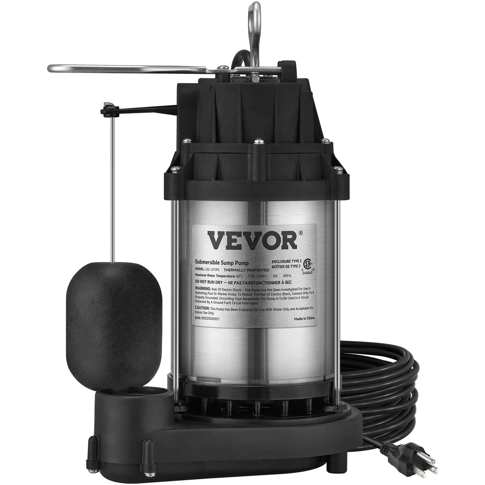 【BackToSchool】VEVOR 1/2 HP High Capacity Submersible Water Pump, 4320 GPH Rate Heavy Water Flow, High-Quality Cast Iron Steel Materials for Fish Tanks, 10 ft Cord, Energy-Saving, Ergonomic Handle, 28' Lift, Auto Float Switch, NPSC Fitting, Rain Removal