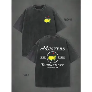 Men's Vintage Washed Short-Sleeve Round Neck Top, 230g Pure Cotton Casual Fashion T-Shirt, Masters Tournament Golf Pattern, Eco-Friendly Print, Micro Elasticity, Unisex Retro Daily Wear, M-5XL Menswear