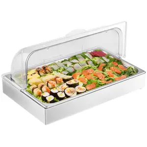 VEVOR Countertop Food Serving Display Container,  , 1 x 1 Pan Stainless Steel Food Serving Tray, Buffet Condiment Dispenser Display Rack with Clear Lid & 3 Ice Trays, for Restaurant Hotel Kitchen Party
