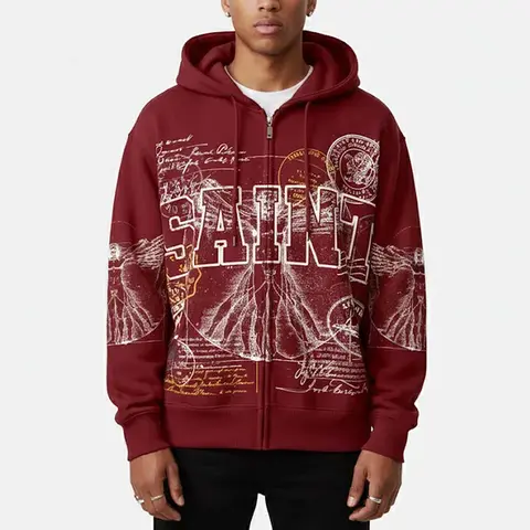 Sopula Studio Men's Zip Up Graphic Hoodie - Saints Stamp Collage, Vitruvian Man Vintage Art, Casual Fall Streetwear Tops, Mensfashion Clothing