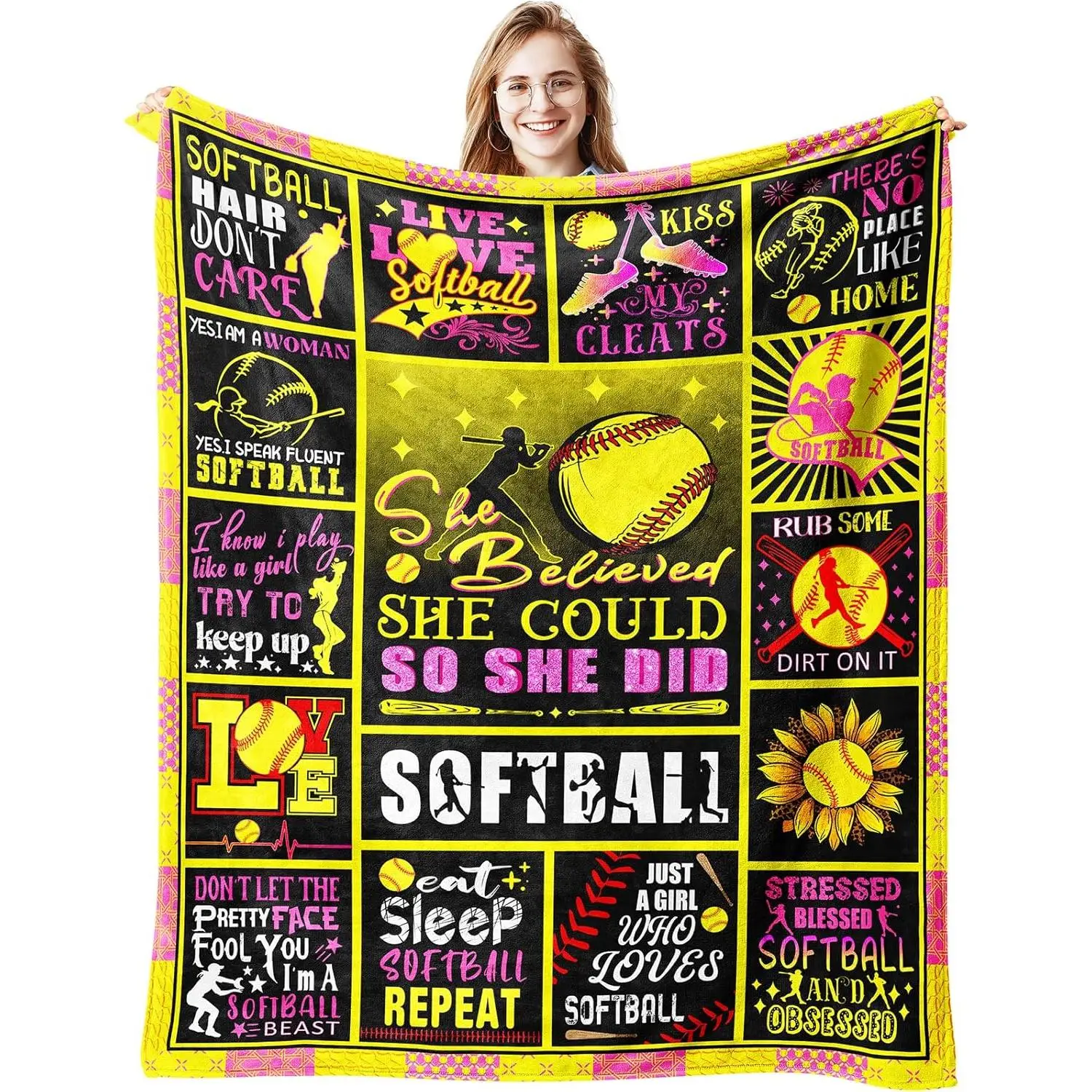 Flannel Softball Throw Blanket - Soft Lightweight, Lightweight Cozy Blanket for Girls, Team Gifts for Softball Players, Room & House Decor, 50"x40", Flannel Throw Blanket, Soft Lightweight Blanket