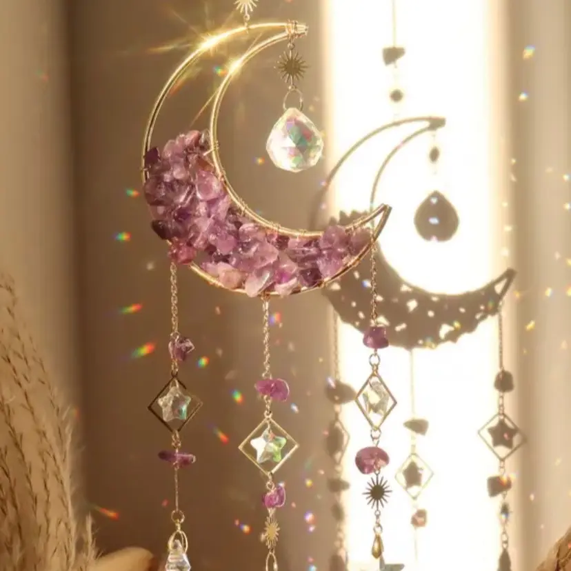 Natural Amethyst Sun Catcher with Crescent Moon Design, Ethereal Hanging Window Ornament with Glass Prisms, Spiritual Crystal Gift, Christmas, Birthday, Valentines Day, Mother's Day, Stress Relief, Decorative, Light, Room