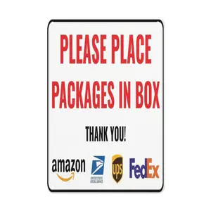 1pc Heavy-Duty 8x12 Inch Delivery Package Sign - Aluminum Door Hanging Decoration with Amazon, USPS, UPS, FedEx Compatible - Clear "Please Place Packages in Box" Instruction for Home/Office - Weatherp