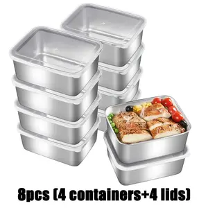 8pcs (4 containers+4 lids) stainless steel food storage container with flip cover, leak proof, stackable, freeze safe, Airtight meal prep, suitable for fruits, vegetables, seafood, leftovers, outdoor camping, family gatherings, offices, schools