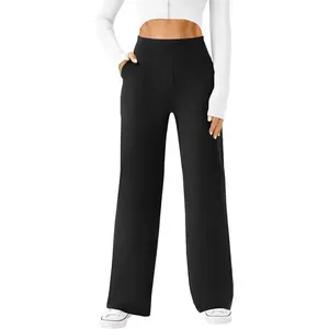 DLOODA Women's High-Waist Wide-Leg Pants - Machine Washable, All Seasons Basic Plain Bottoms with Pockets, Comfy Loose Trousers for Yoga, Casual Work, Machine Washable Pants